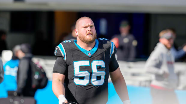 Jan 7, 2024; Charlotte, North Carolina, USA; Carolina Panthers center Bradley Bozeman (56) during pregame warm ups against the Tampa Bay Buccaneers at Bank of America Stadium.